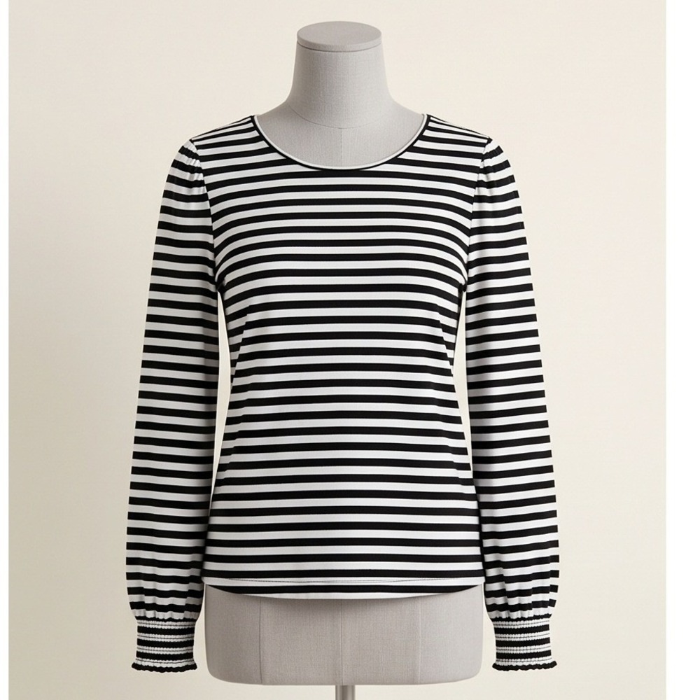 Chico's 3 Striped Puff Sleeve Top Black White Cotton‎ Modal Stretch Nautical XL